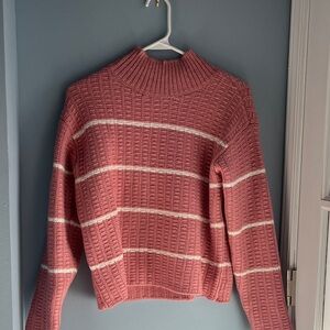 Ann Taylor Pink and Cream Striped Turtleneck Sweater